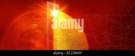 Graphical blockchain red theme background with connection lines and binary codes. Global connectivity technology expanding concept Stock Photo