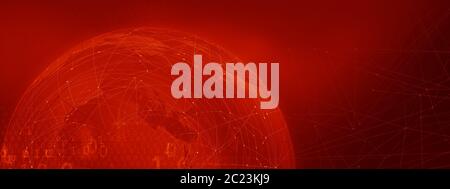 Graphical blockchain red theme background with connection lines and binary codes. Global connectivity technology concept Stock Photo