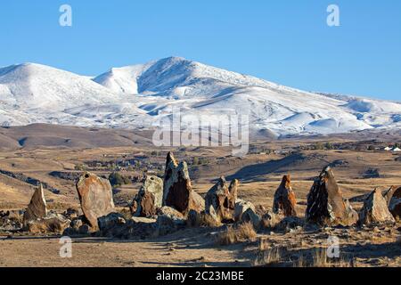 Armenian stone henge known also as Karahunj or Zorats Karer, in Armenia Stock Photo