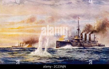 BATTLE OF THE FALKLAND ISLANDS 8 December 1914. The light cruiser HMS Kent sinks the German cruiser SMS Nurnberg Stock Photo