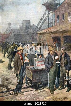 1920 BRITISH MINERS STRIKE. An Italian illustration showing a group of miners casting their vote in August 1920 Stock Photo