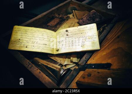 old box with notebooks Stock Photo - Alamy
