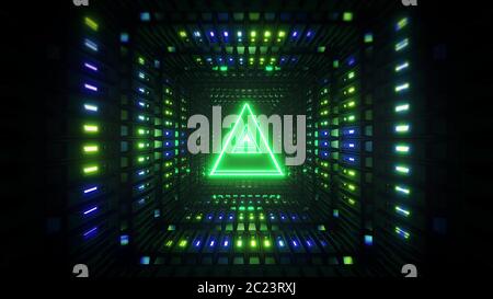 glowing wireframe triangle with metal shining background 3d illustration, colorful multicolor art design wallpaper 3d rendering illustration, Stock Photo