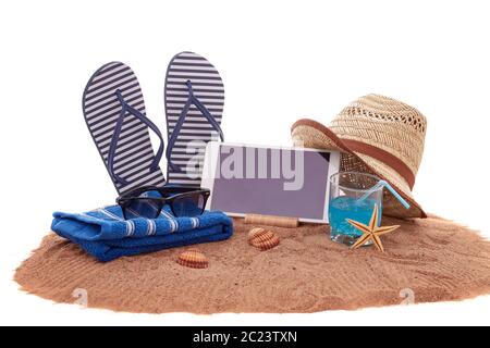 Sand with summer accessories isolated on white background Stock Photo ...