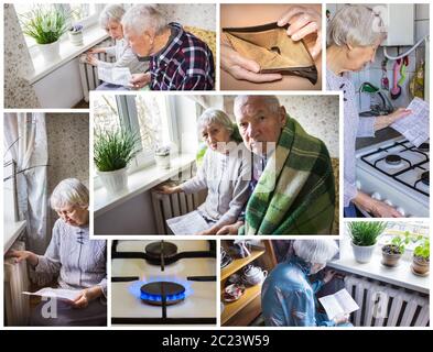 The senior woman holding gas bill in front of heating radiator. Payment for heating in winter. Stock Photo