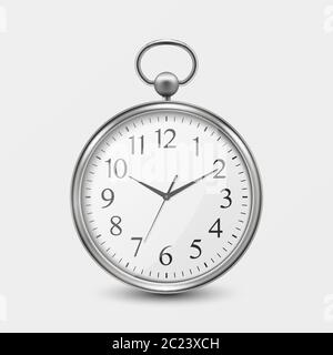 3d Realistic Metal Silver Old Vintage Pocket Watch Icon Closeup Isolated on White Background. Antique Clock Face, Design Template, Stock Vector Stock Vector