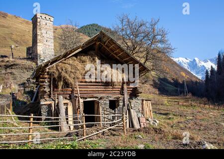 Village scene with a stable in the Caucasus Mountains, Georgia Stock Photo