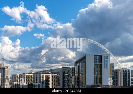 13th June 2020 - London, UK. Big stormy clouds above Wembley stadium. Stock Photo