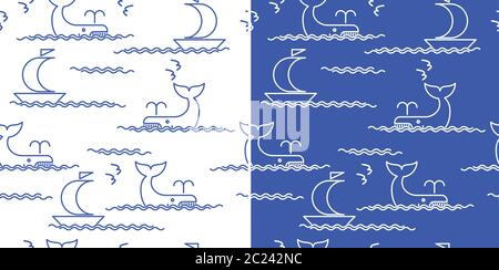 Seamless composition on the theme of the sea, ships, waves, whales Stock Vector