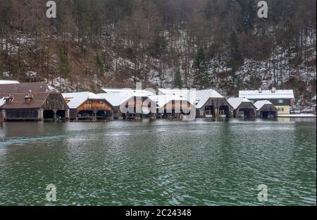 boathouses at Schoenau am Koenigssee in Bavaria at winter time Stock Photo