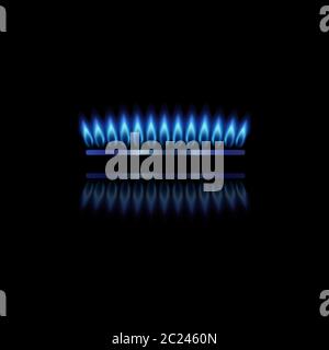 Modern gas burner with blue flame and reflection. Front view gas burner ring. Realistic burner propane butane oven element for web interior design isolated on black background. Vector illustration. Stock Vector