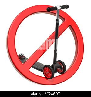 Kick scooter with forbidden sign, 3D rendering isolated on white background Stock Photo