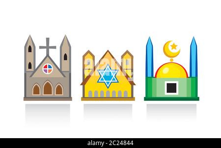 Cathedral church, Jewish synagogue, Islamic mosque. Religious temples, architectural structures. Stock Photo