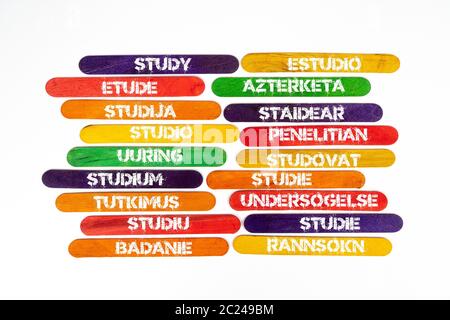 the concept of the word study in various languages Stock Photo
