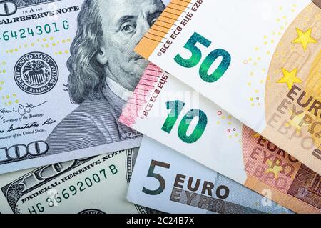 Euro bills. Different denominations on a gray background. 5, 10 50 euros Stock Photo