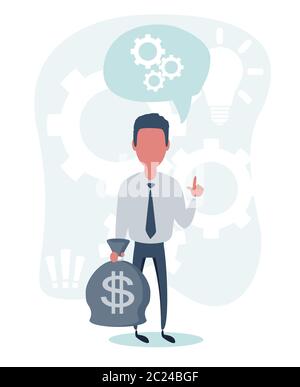 Business man character hold bags full of money. Stock Vector