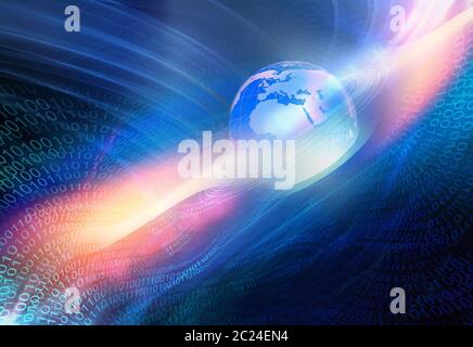 Graphical Digital Technology World Background, Waving Digital Lines Passing Through Space. Stock Photo