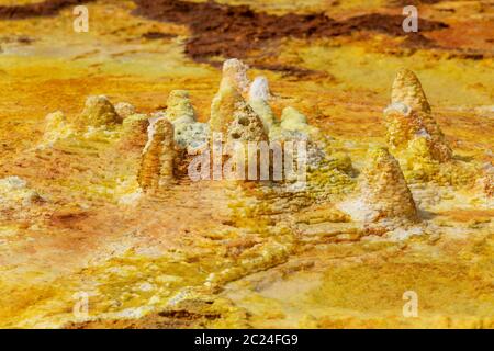 Beautiful small sulfur lakes Dallol, Ethiopia. Danakil Depression is the hottest place on Earth in terms of year-round average temperatures. It is als Stock Photo