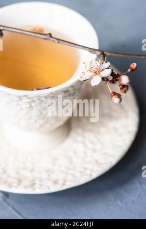 Cup of tea and blooming tree Stock Photo