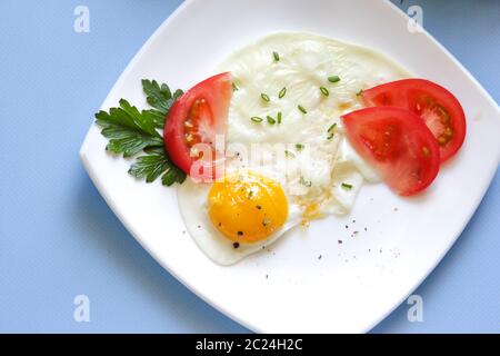 Coocked chircken egg on a plate, with a parsley leaf and tomate. Stock Photo