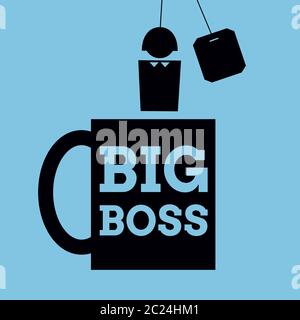 Vector simplified illustration. Icon of a mug with words "Big Boss" written on it and a person instead of teabag. Square format. Black on blue. Stock Vector