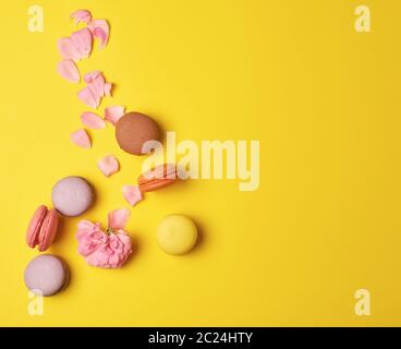 multi-colored macarons with cream and a pink rose bud with scattered petals on a yellow  background, top view, flat lay, copy space Stock Photo