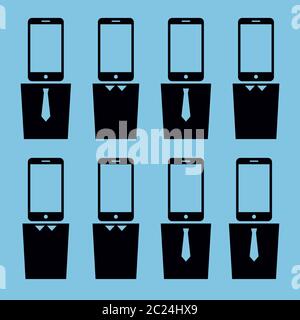 Vector simplified illustration on the topic of technology addiction. Eight icons of people with smartphones instead of their heads. Black pictograms o Stock Vector