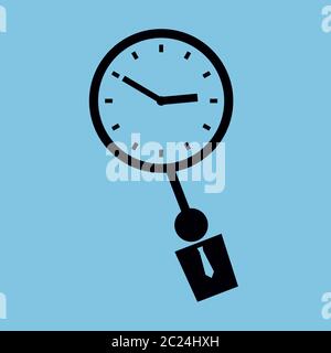Vector minimalist illustration. Icon of a clock with a human instead of  pendulum. Black and blue colors. Square format. Stock Vector