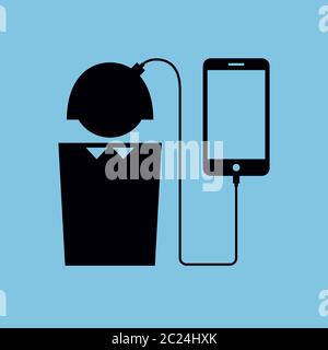 Vector minimalist illustration. Icon of a woman connected to smartphone with a wire. Black pictogram on a blue background. Square format. Stock Vector