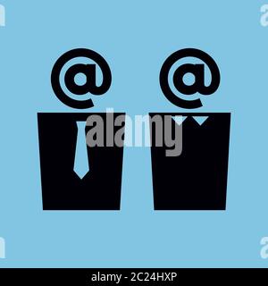 Vector simplified illustration. Icon of two persons with at sign, an email symbol, instead of their heads. Black pictogram on blue background. Square. Stock Vector