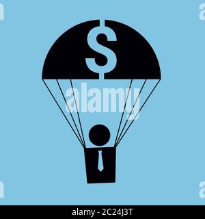 Vector minimalist illustration. Icon of a parachuting man. Metaphor for "golden parachute". Black and blue colors. Square format. Stock Vector