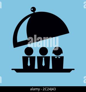 Vector simplified illustration. Icon with three office workers on a tray. Black and blue colors. Square format. Stock Vector