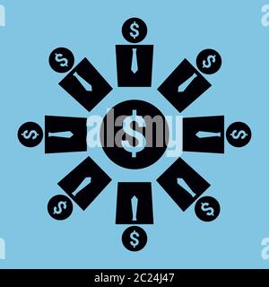 Vector minimalist illustration. Icon of eight men with a dollar sign on theirs heads placed around a coin symbol. Black and blue colors. Square format Stock Vector