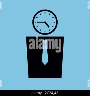 Vector minimalist illustration. Icon of a man with a clock instead of his head showing the time at quarter to five. Black pictogram, blue background. Stock Vector