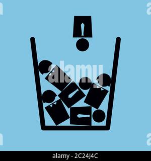 Vector minimalist metaphorical illustration on the topic of personnel reduction. Icon of a trash bin full of people. Square format. Black and blue. Stock Vector