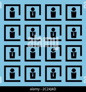 Vector minimalist illustration. Icons of people in office cells. Square format. Black and blue colors. Stock Vector