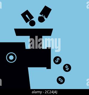 Vector simplified illustration. Icon of a meat mincer processing people into money. Square format. Black on blue background. Stock Vector
