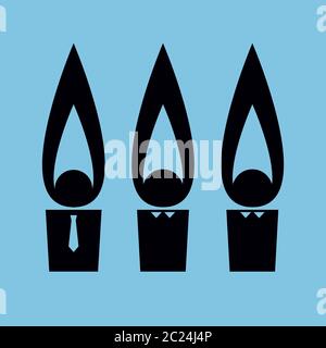 Vector simplified illustration on the topic of dismissal from a job. Three icons of people with a flame on their heads. Black and blue colors. Square. Stock Vector