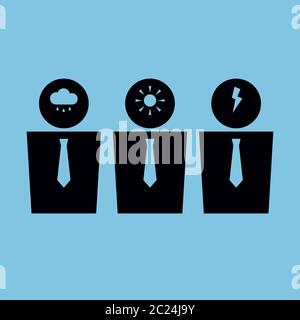Vector simplified illustration. Three icons of three persons with a sun, rain and flash symbols in their heads, positive and negative thinking. Stock Vector
