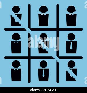 Vector simplified illustration. Tic-tac-toe game with women and men icons. Square format. Black on a solid blue background. Stock Vector