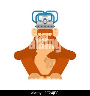 Monkey and brain stimulation helmet. Apparatus Electronic action on brain activity. Chimpanzee and mind stimulator. brain-control helm Stock Vector