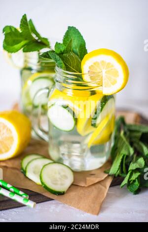 Detox drink with lemon, mint and cucumber Stock Photo