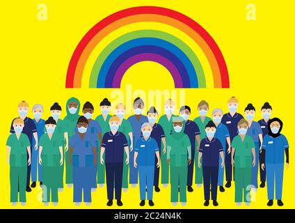 NHS hospital staff wearing face masks with a rainbow Stock Vector