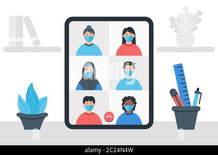Colleagues talk to each other on the  screen. Video conference illustration. Stay and work from home. Online meeting work form home. Stream Stock Vector