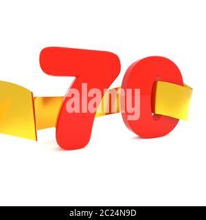 Big red 70 with a golden ribbon, 3d rendering Stock Photo