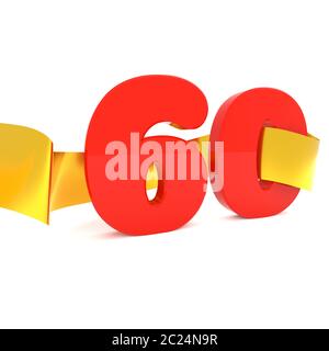 Big red 60 with a golden ribbon, 3d rendering Stock Photo