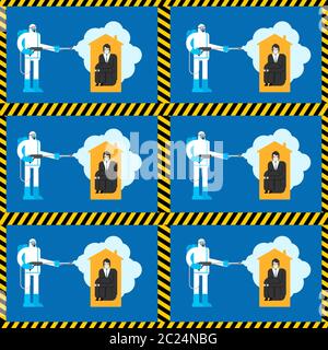 Disinfection coronavirus pattern. Disinfectant worker wear protective mask and suit. Cleaning and Disinfect Virus, Covid-19 background Stock Vector