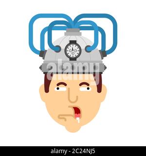 Man and brain stimulation helmet. Apparatus Electronic action on brain activity. Guy and mind stimulator. brain-control helm Stock Vector
