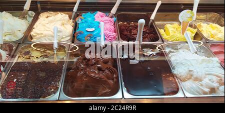 trays with many ice creams of different colors and flavors Stock Photo