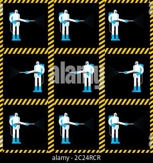 Disinfection coronavirus pattern. Disinfectant worker wear protective mask and suit. Cleaning and Disinfect Virus, Covid-19 background Stock Vector